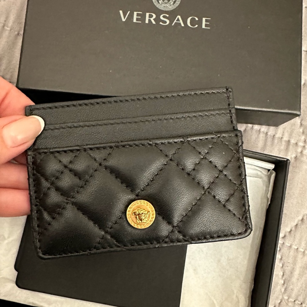 Versace Black Quilted Card Holder with Gold Detail